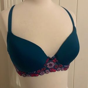 34DD dark teal and pink bra with floral lace